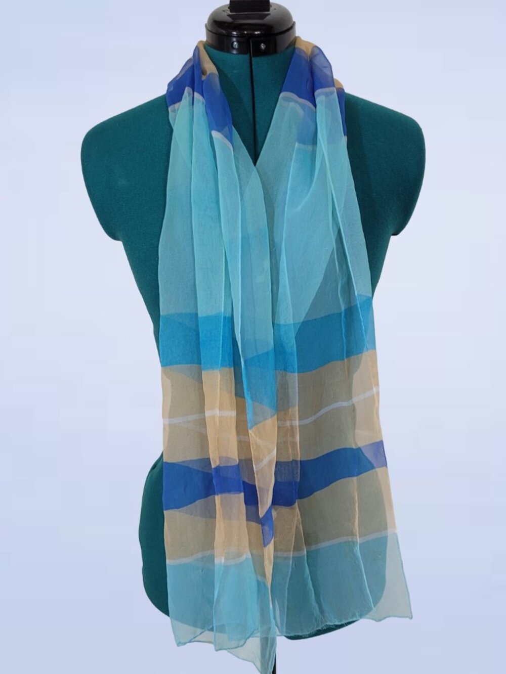 Blue & Beige Striped Lightweight Chiffon Scarf